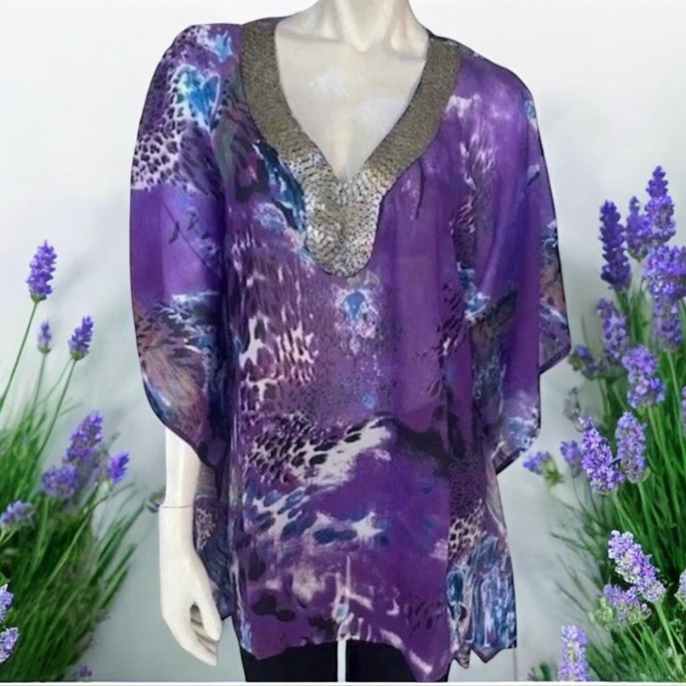 Joan Boyce Purple Printed Chiffon Tunic V-Neck w/Silver Beaded Trim Missy NWT$99 - Picture 12 of 13